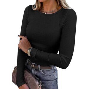 Women Long Sleeve Shirts Rib Knit Slim Fit Tops Basic Tee 2025 Fall